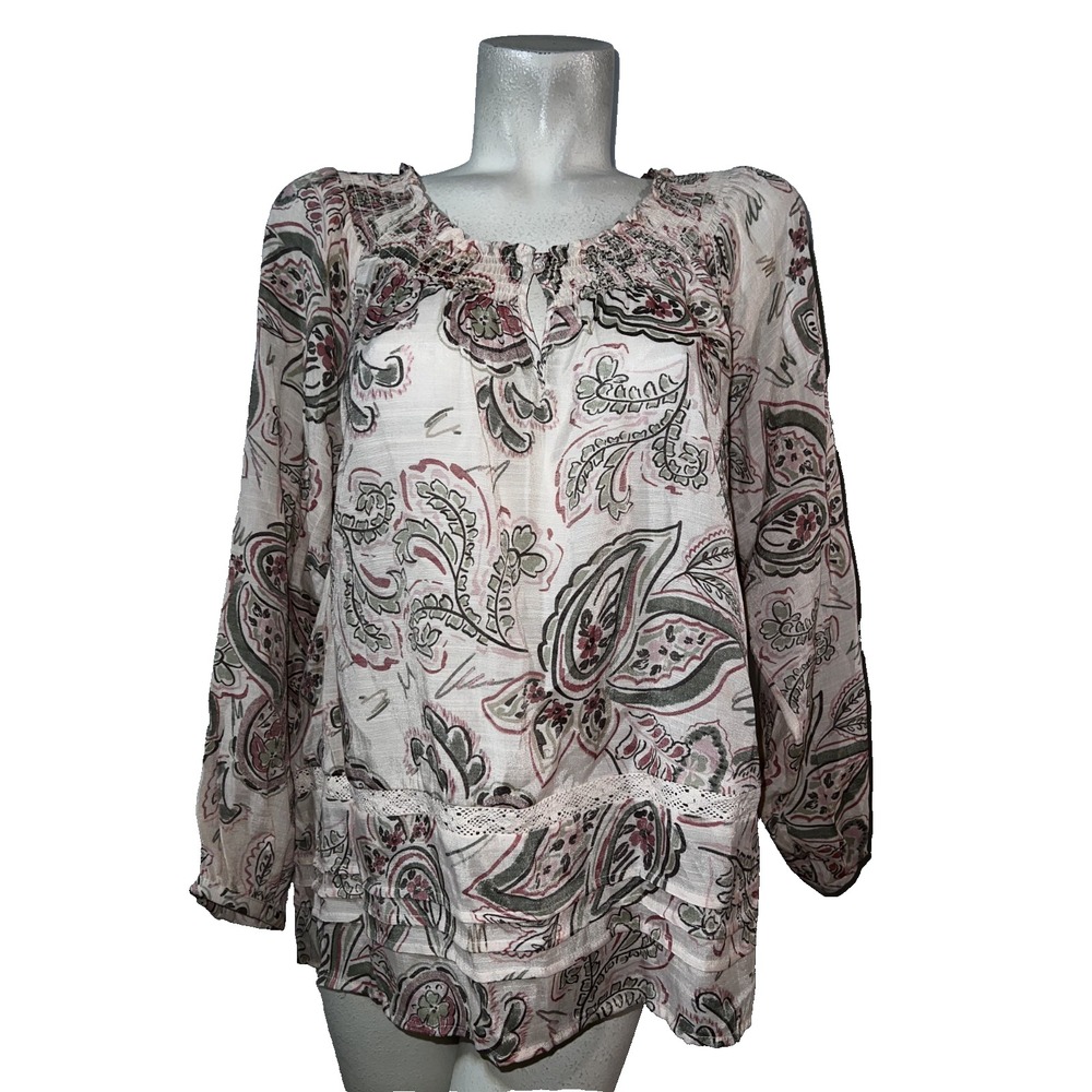 Zac & Rachel Womens Medium Paisley Peasant Blouse Smocked Lace Ruffle Hem Pink
